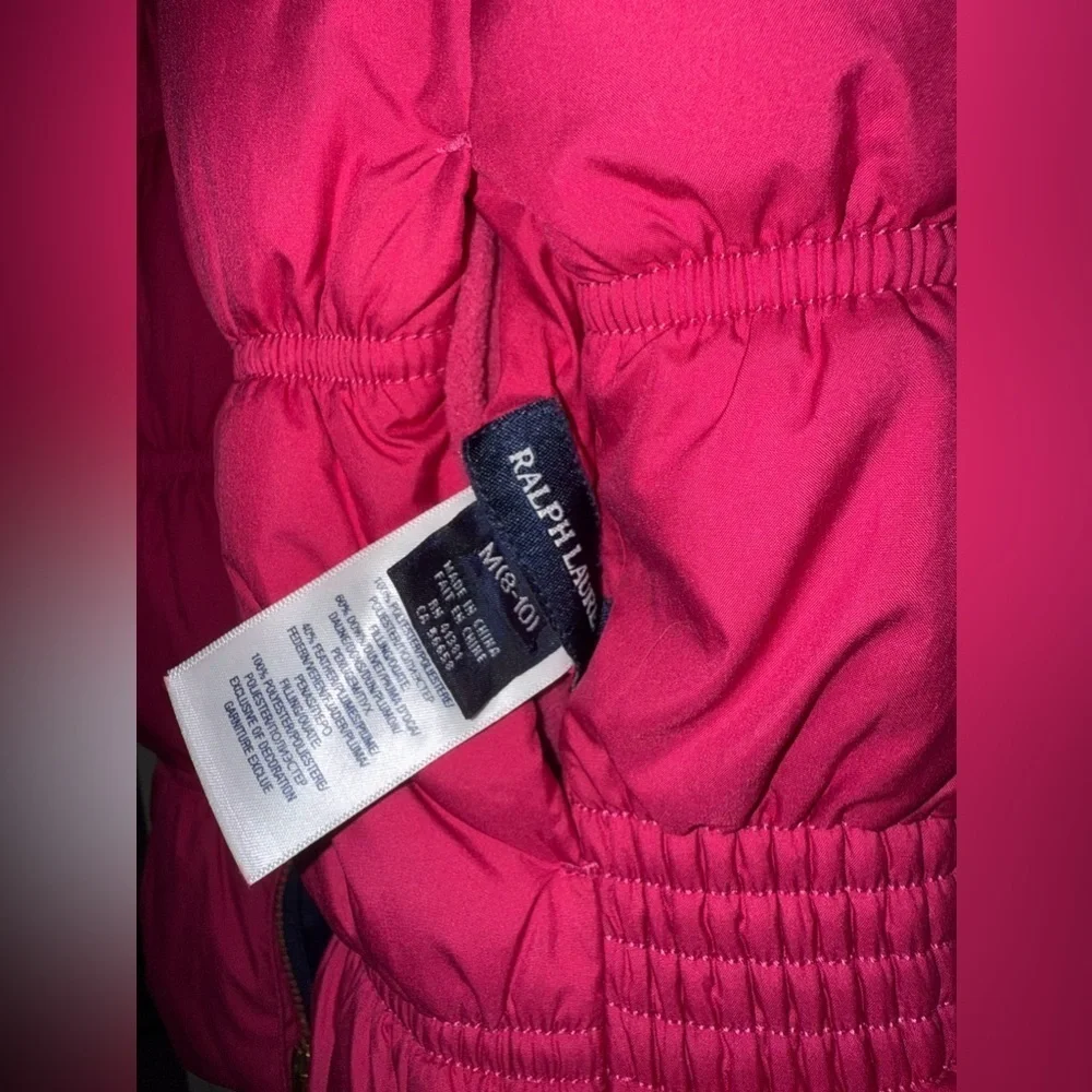 Ralph Lauren Girls Reversible Full Zip Down Puffer Vest Size 8-10 Pink/navy blue